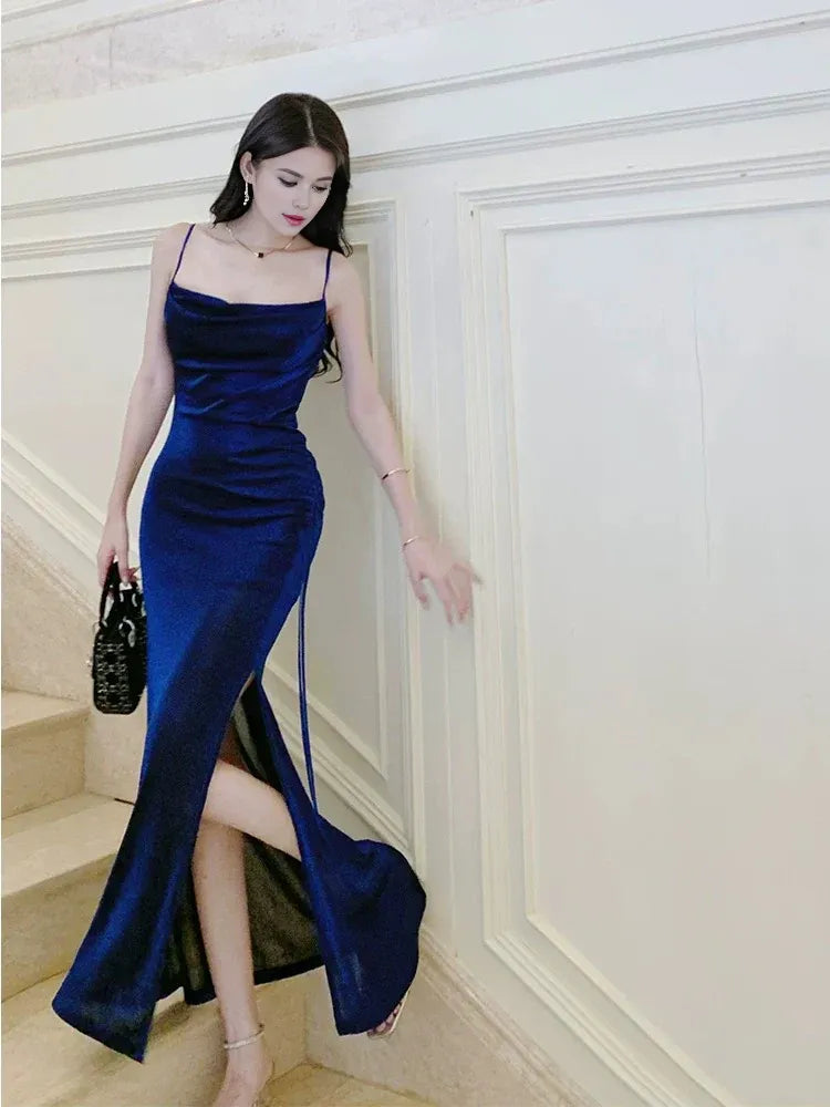 TingPo Wholesale Elegant Pretty Sheath Straps Floor Length Royal Blue Slit Prom Dresses Simple Evening Dress